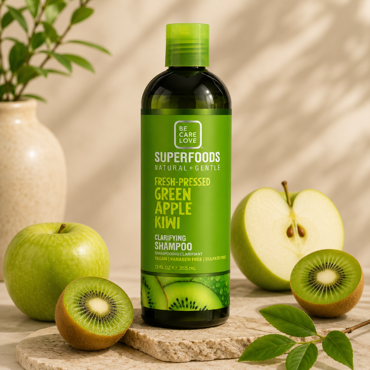 Be Care Love - Superfoods - Clarifying Shampoo, Green Apple Kiwi (God til fedtet hår) 355 ml.