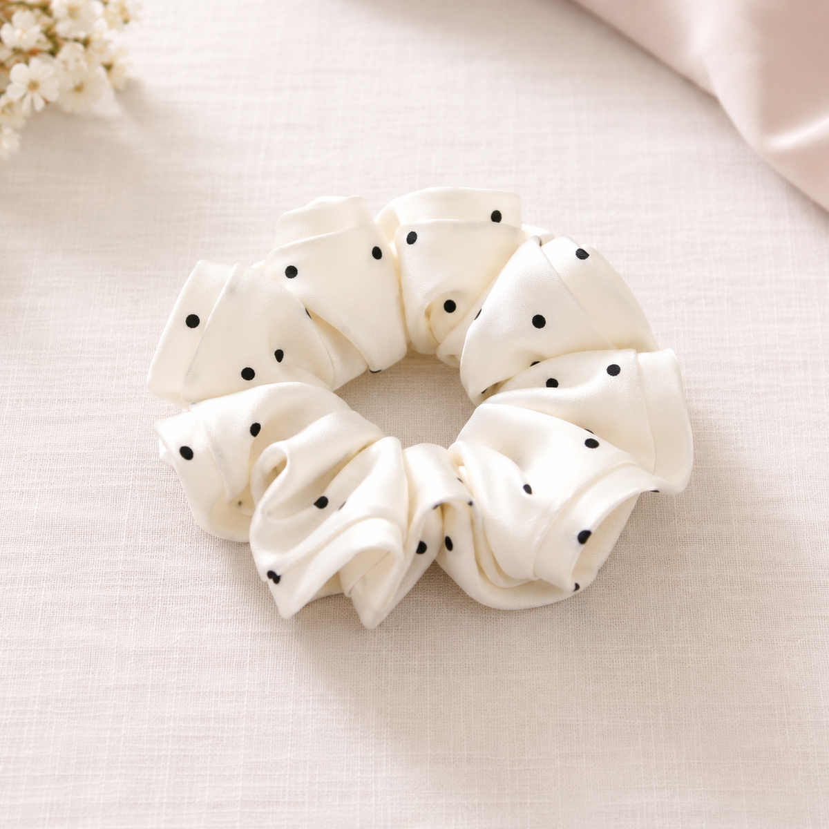 FORUDBESTILLING: NAMISO - Aura - scrunchie - White w. dots