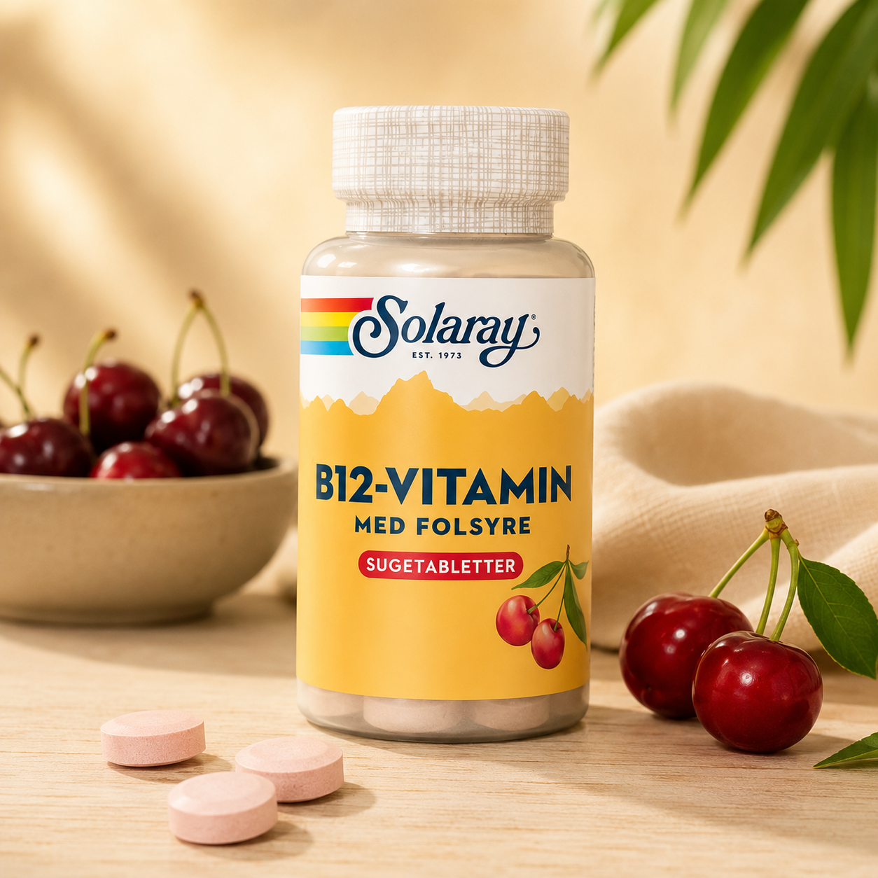 Solaray -  B12 Vitamin med Folsyre - 90 sugetabletter (kirsebærsmag)