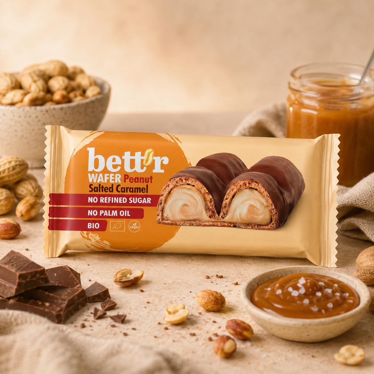 Bett'r - Vaffel med  Peanut m/Saltet Karamel - Økologisk vaffelbar