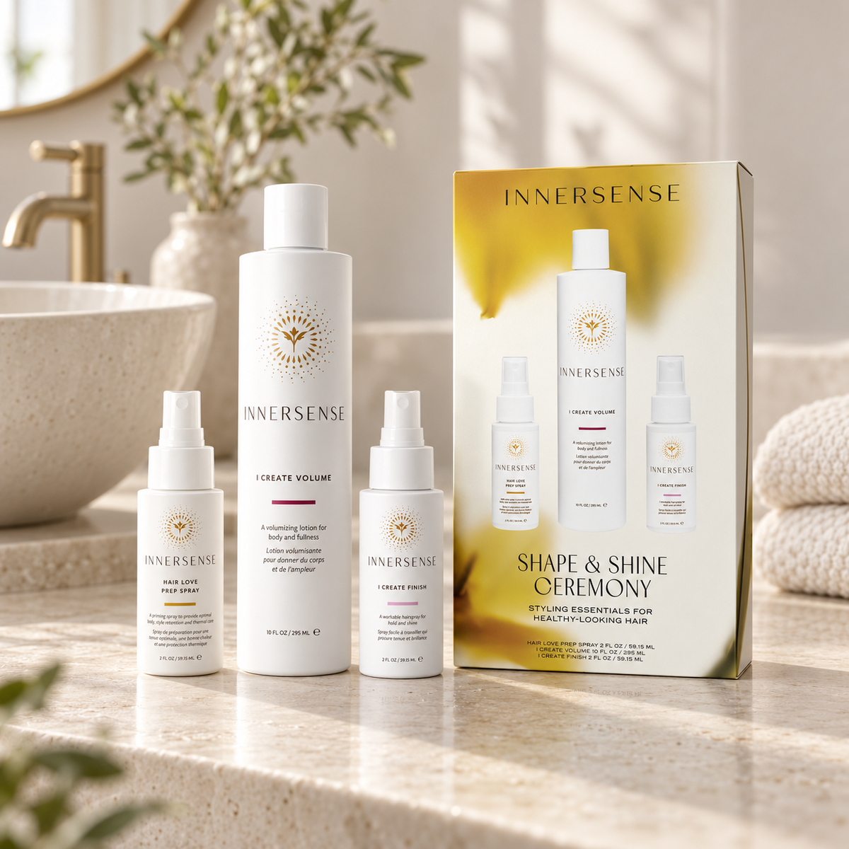 Innersense Gavesæt - Shape & Shine Ceremony, Create Volume 295 ml + Create Finish 59 ml + Hair Love Prep Spray 59 ml.