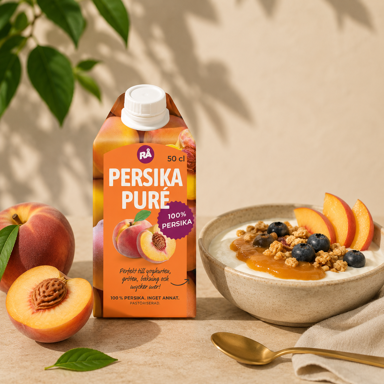 RÅ - pasteuriseret frugtpuré 100% fersken, 50 ml.