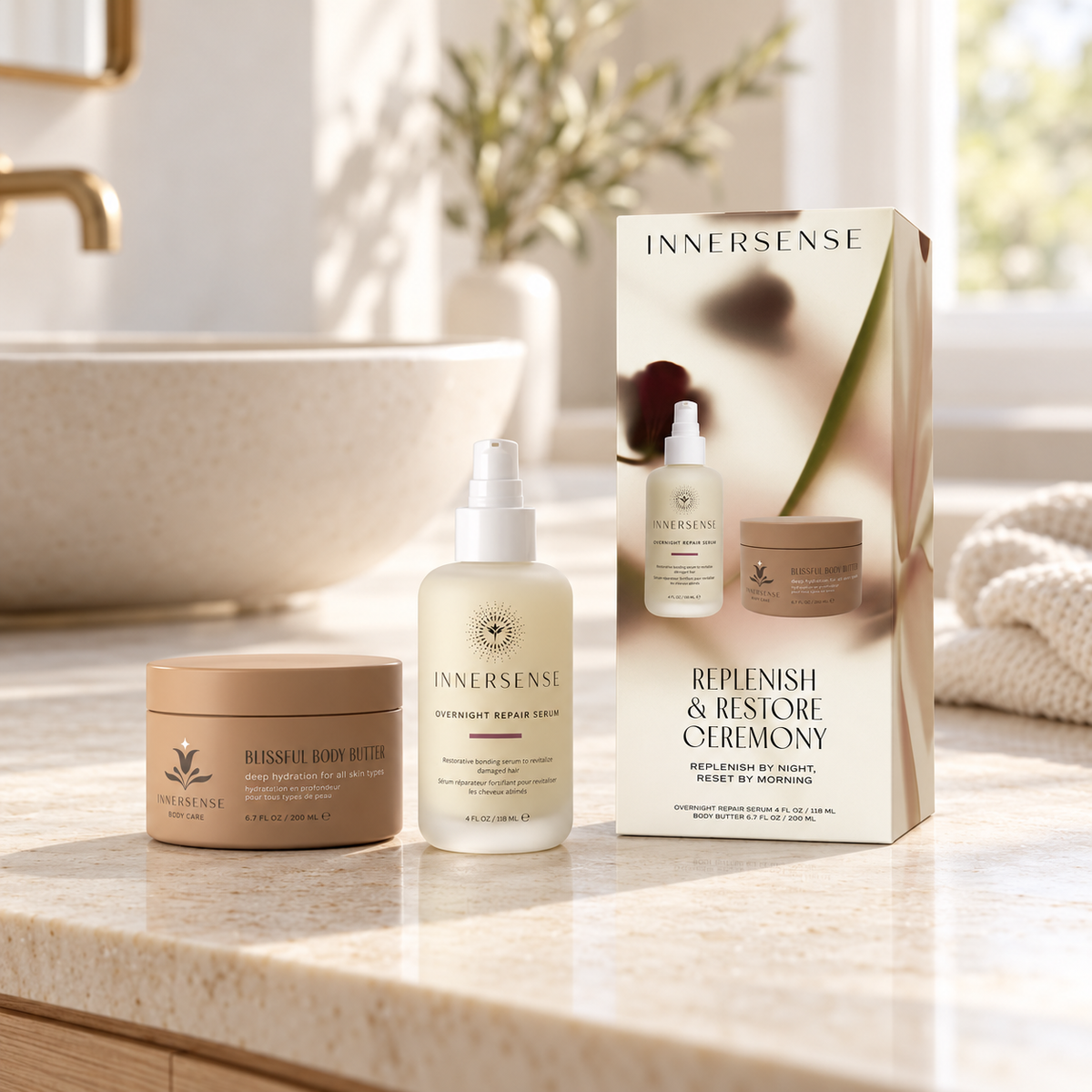 Innersense Gave Sæt - Replenish & Restore Ceremony, Overnight Repair Serum 118 ml + Blissfull Body Butter 200 ml