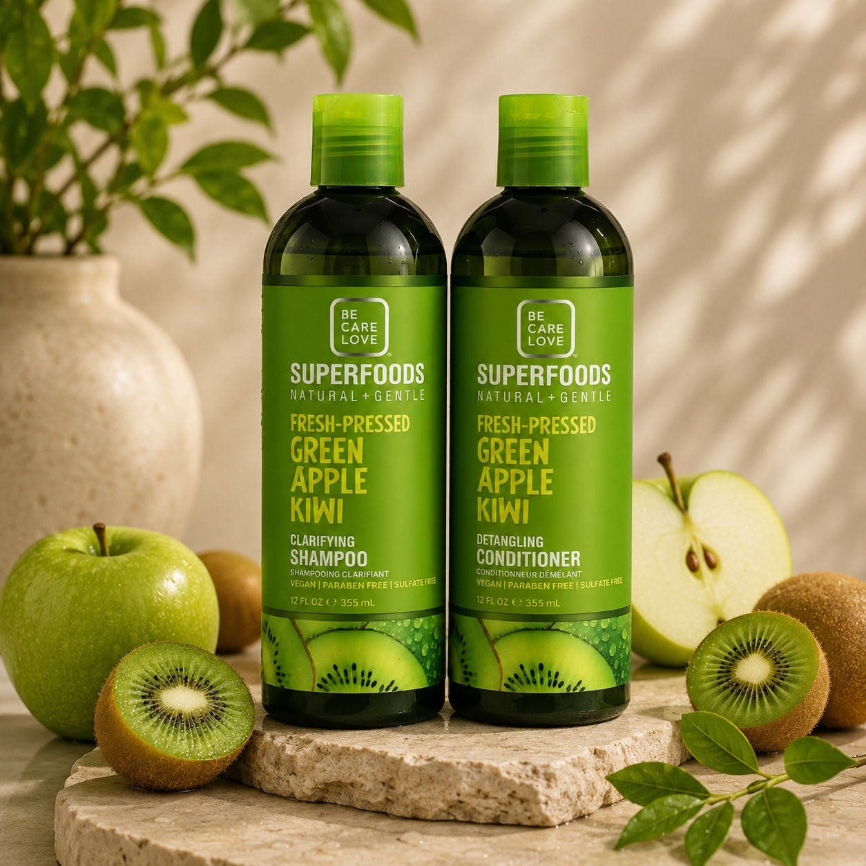 Be Care Love - Superfoods - Clarifying Shampoo & Balsam - Green Apple Kiwi (God til fedtet hår) 355 ml.