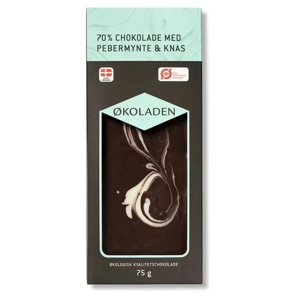 ØKOLADEN - ØKOLOGISK MØRK 70% CHOKOLADE - PEBERMYNTE & KNAS - 75 g