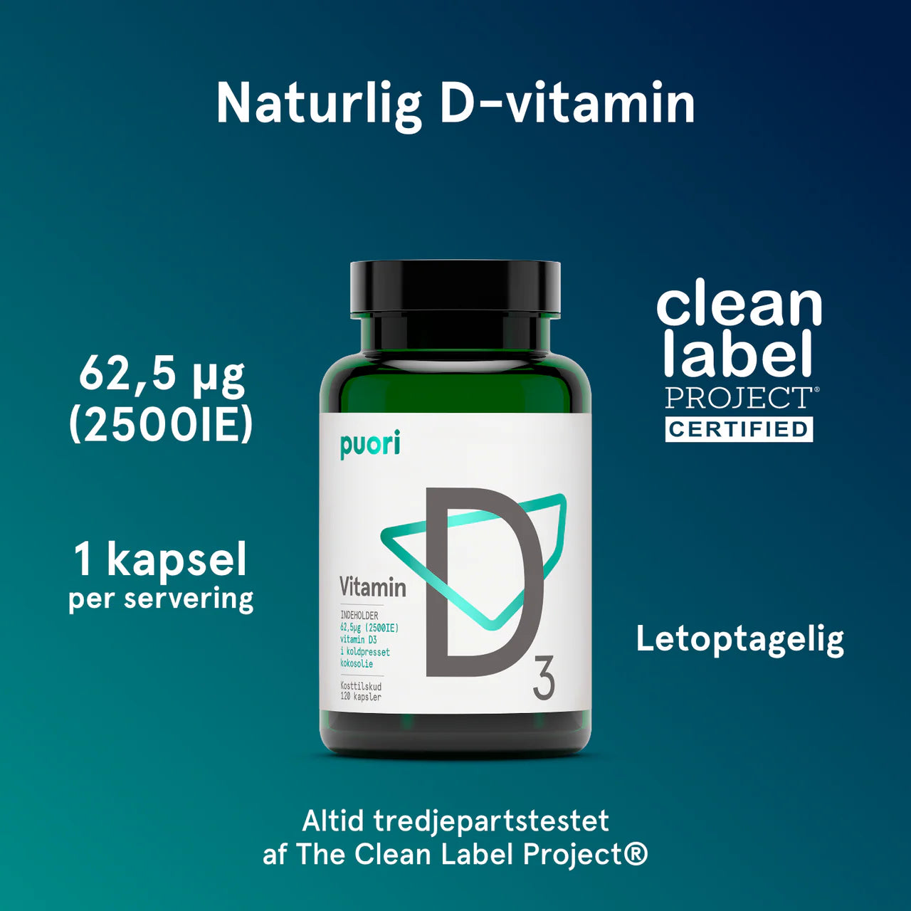 Puori - D3 - D Vitamin (62,5 MQ - 2500IE) - 120 kapsler