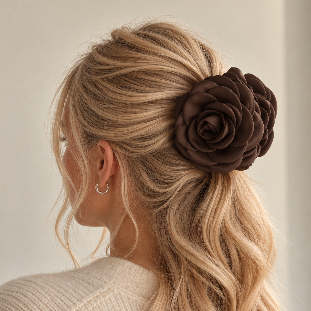 NAMISO - Hana Satin Rose hårklemme - Chokolade brun (12 cm)