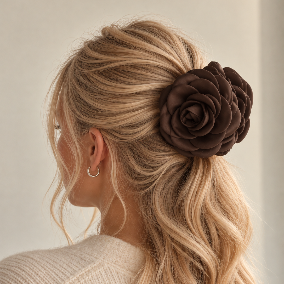 NAMISO - Hana Satin Rose hårklemme - Chokolade brun (12 cm)