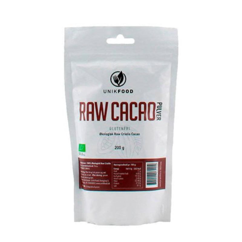 Unik Food - Cacao pulver raw - økologisk - Glutenfri - 220 g. 