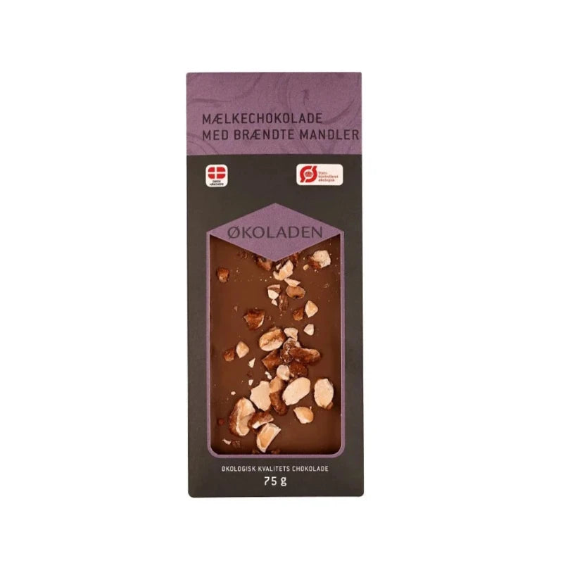 ØKOLADEN -  ØKOLOGISK MÆLKECHOKOLADE - BRÆNDTE MANDLER - 75 g.